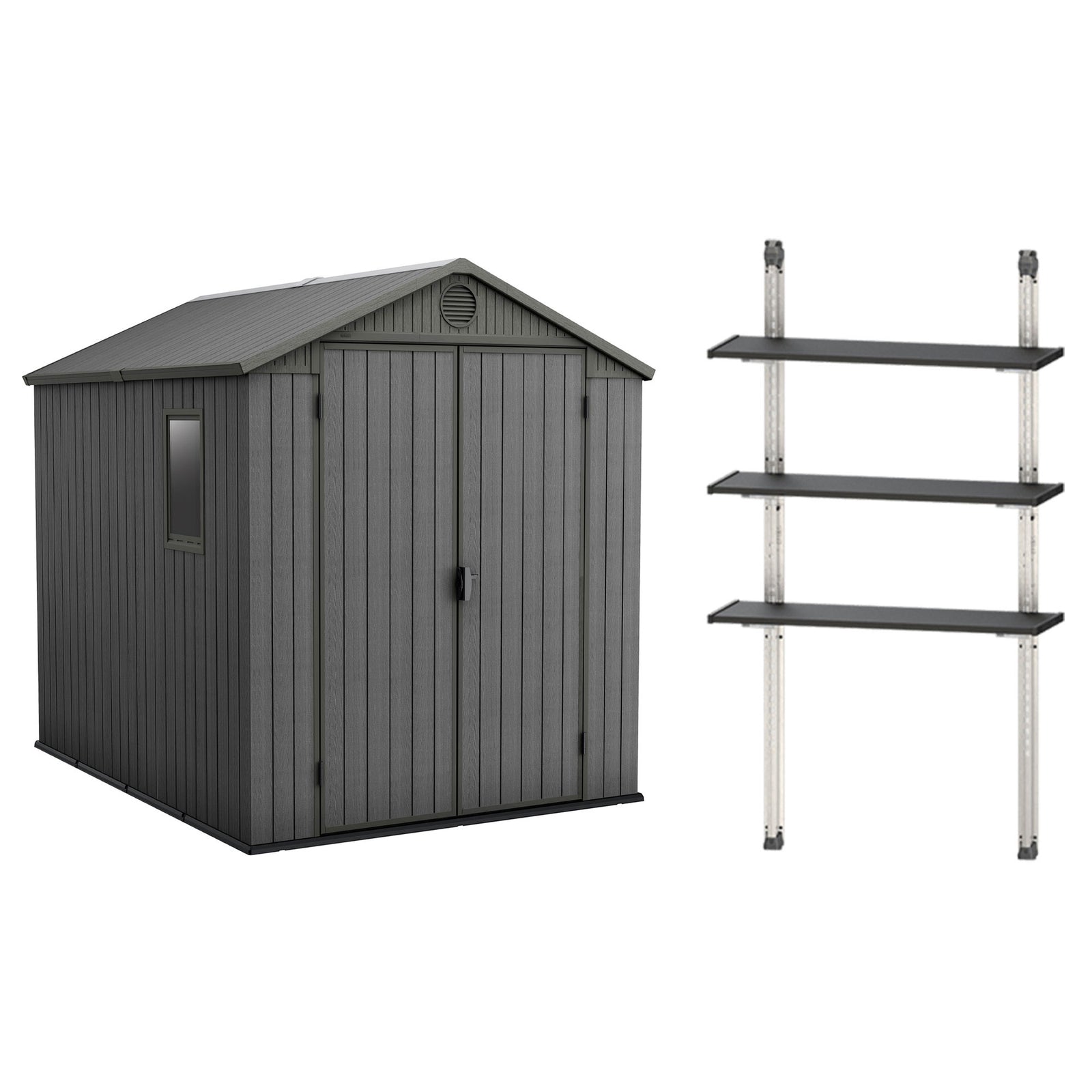 Keter Darwin 6x8 Foot Outdoor Garden Storage Shed with 40 Inch Steel Shelf Kit - VMInnovations