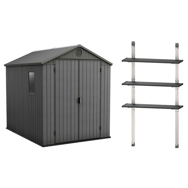 Keter Darwin 6x8 Foot Outdoor Garden Storage Shed with 40 Inch Steel Shelf Kit