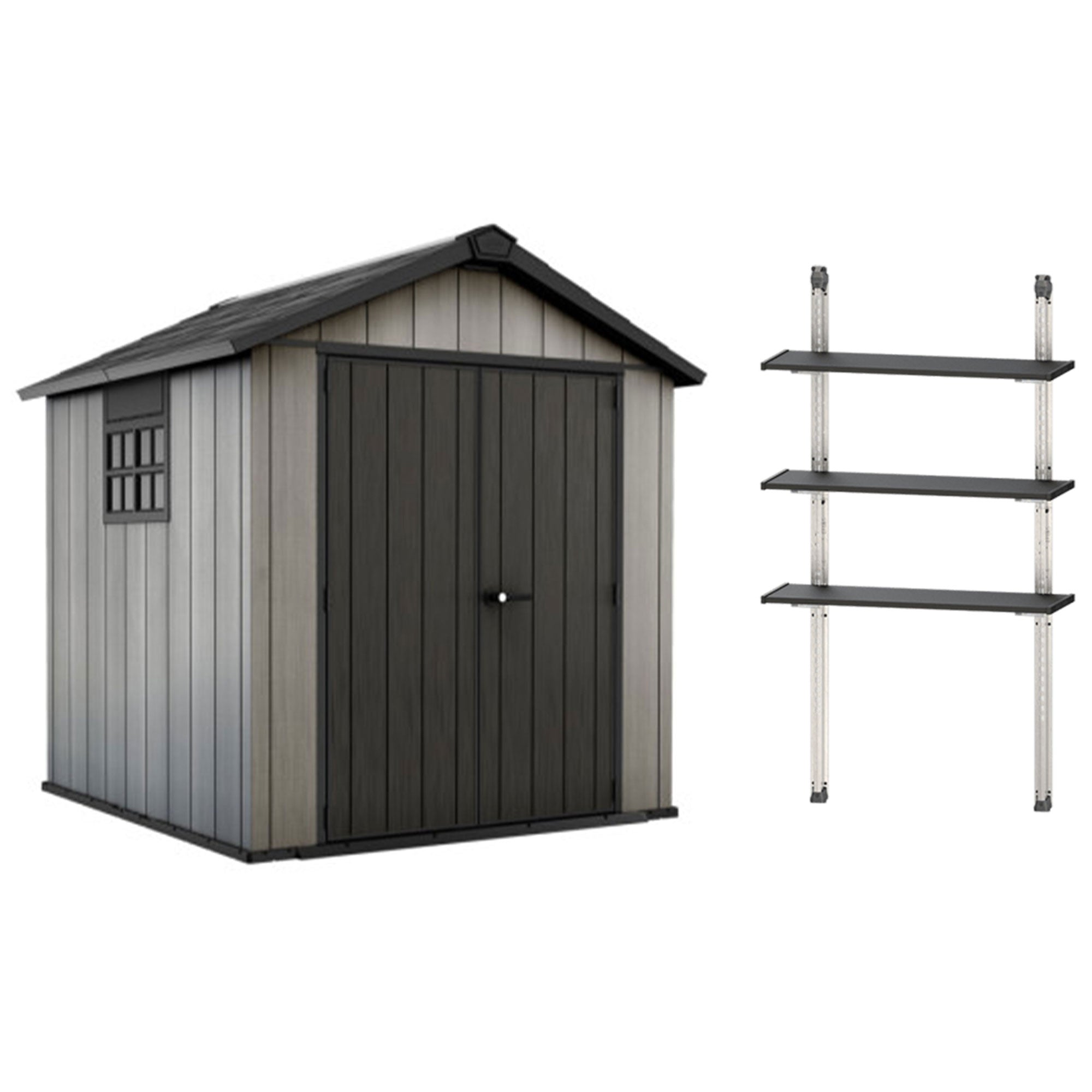 Keter Oakland 7x7.5 Foot Outdoor Garden Storage Shed w/ 40 Inch Steel Shelf Kit