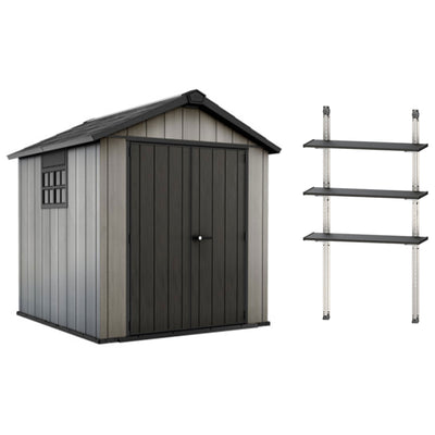 Keter Oakland 7x7.5 Foot Outdoor Garden Storage Shed w/ 40 Inch Steel Shelf Kit