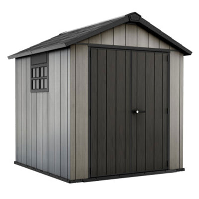 Keter Oakland 7x7.5 Foot Outdoor Garden Storage Shed w/ 40 Inch Steel Shelf Kit