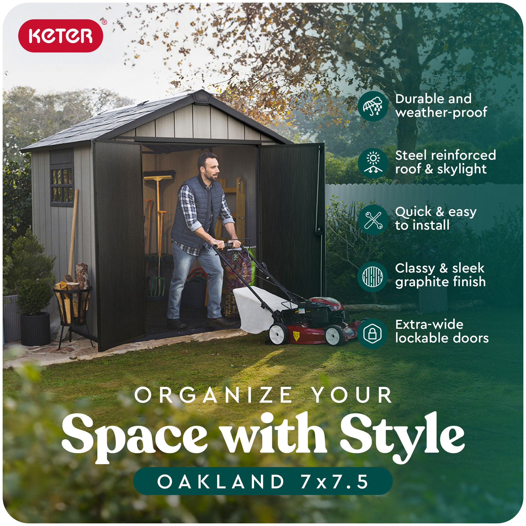 Keter Oakland 7x7.5 Foot Outdoor Garden Storage Shed w/ 40 Inch Steel Shelf Kit