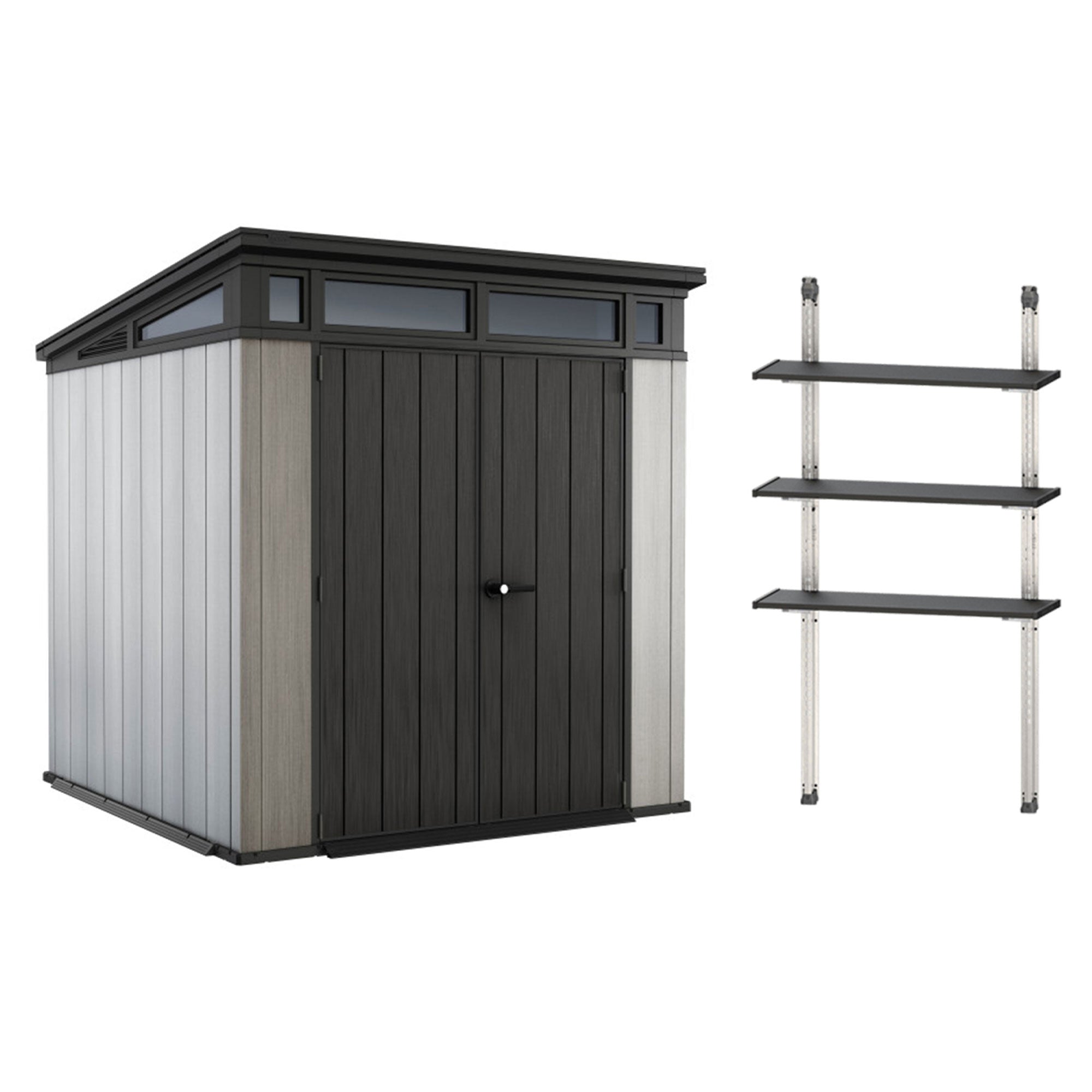 Keter Artisan 7x7 Foot Outdoor Garden Storage Shed with 40 Inch Steel Shelf Kit
