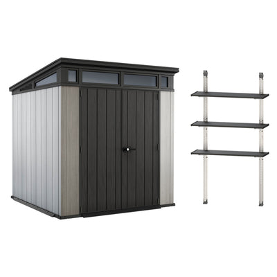 Keter Artisan 7x7 Foot Outdoor Garden Storage Shed with 40 Inch Steel Shelf Kit