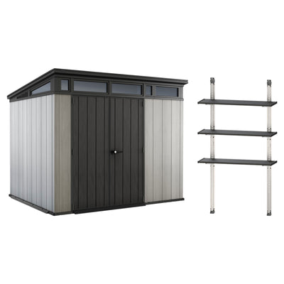 Keter Artisan 9x7 Foot Outdoor Garden Storage Shed with 40 Inch Steel Shelf Kit