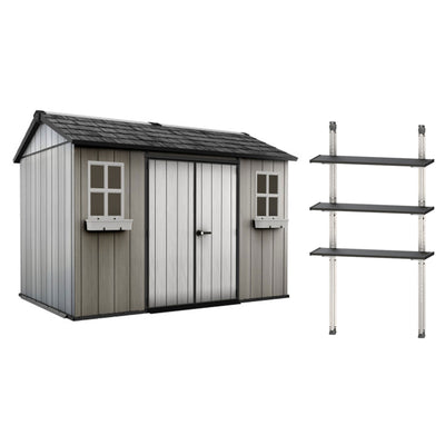 Keter Oakland 11 x 7.5' Outdoor Garden Storage Shed with 40 Inch Steel Shelf Kit