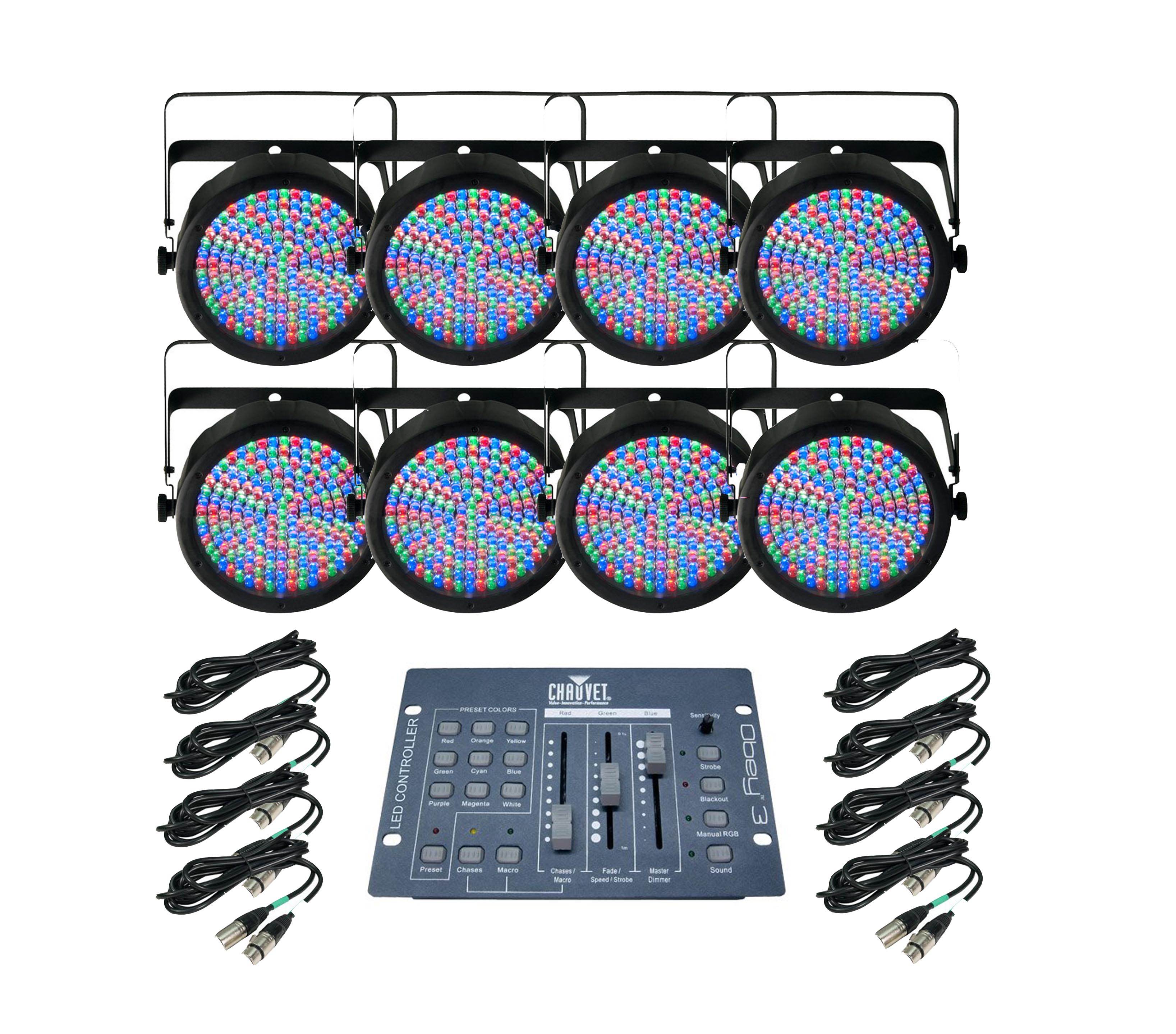 Chauvet SlimPar 64 LED Par Can Lights (8 Pack)  & Obey 3 Controller + Cables
