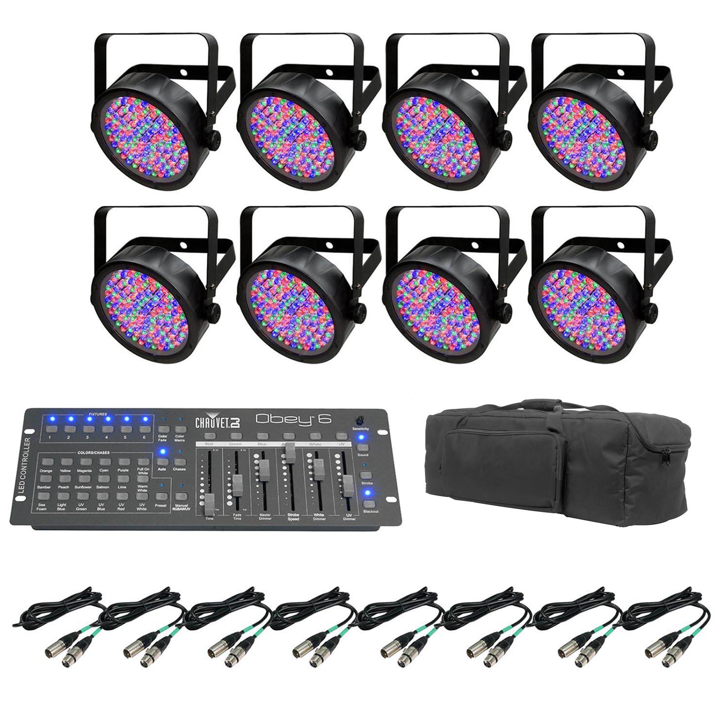 Chauvet SlimPar 56 LED Par Can Lights + Obey 6 Controller + Bag + DMX Cables