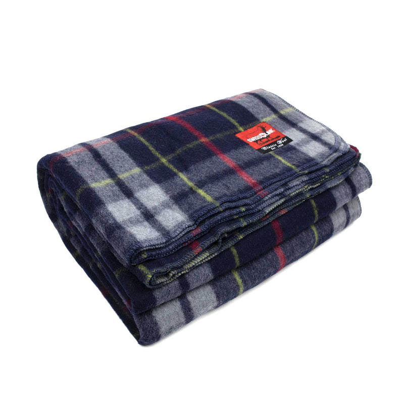 Swiss Link Military Surplus Classic Wool Plaid Throw Blanket and Leather Carrier
