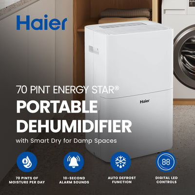 Haier 70 Pint Energy Star Portable Dehumidifier with Smart Dry, (Refurbished)