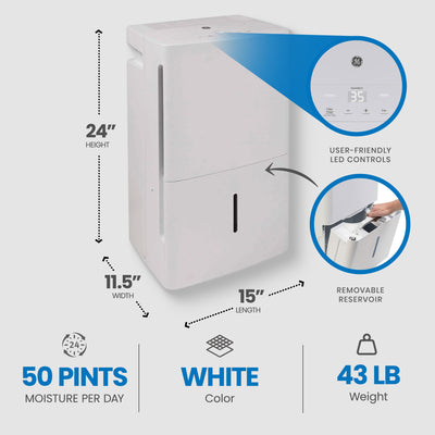 General Electric 50-Pint Portable Dehumidifier with Drain, White (Open Box) - VMInnovations