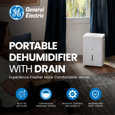 General Electric 50-Pint Portable Dehumidifier with Drain, White (Refurbished) - VMInnovations
