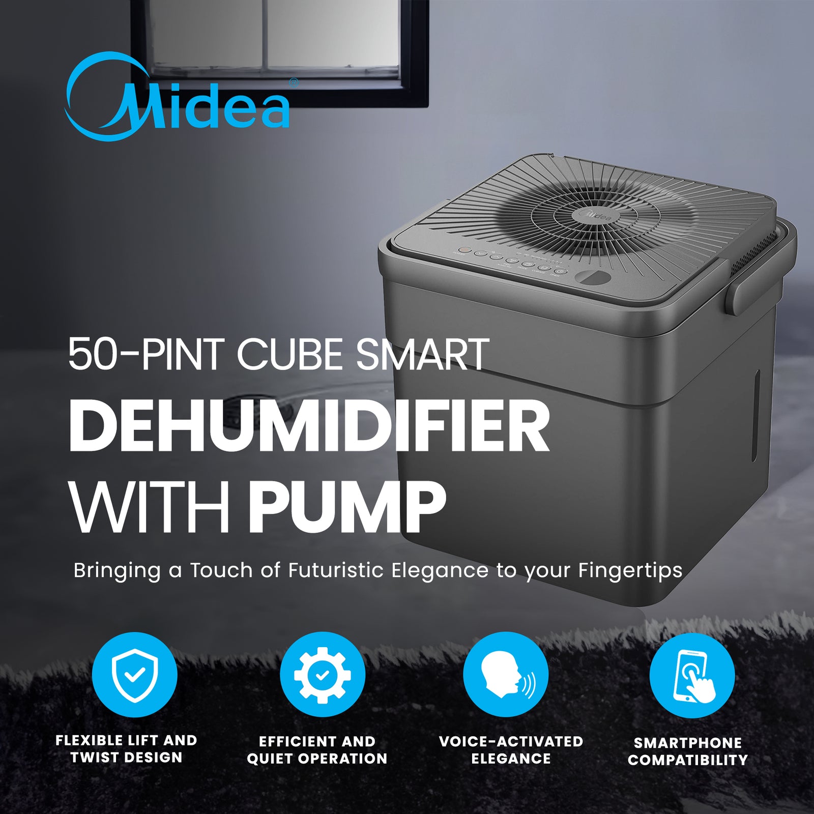 Midea 50-Pint CUBE Smart Dehumidifier with Pump, Gray, (Factory Refurbished) - VMInnovations