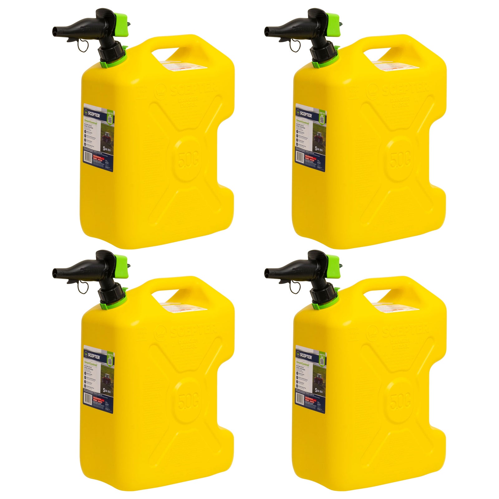 Scepter SmartControl Dual Handle Diesel Gas Container Jug, 5 Gal, 4 Pack, Yellow - VMInnovations