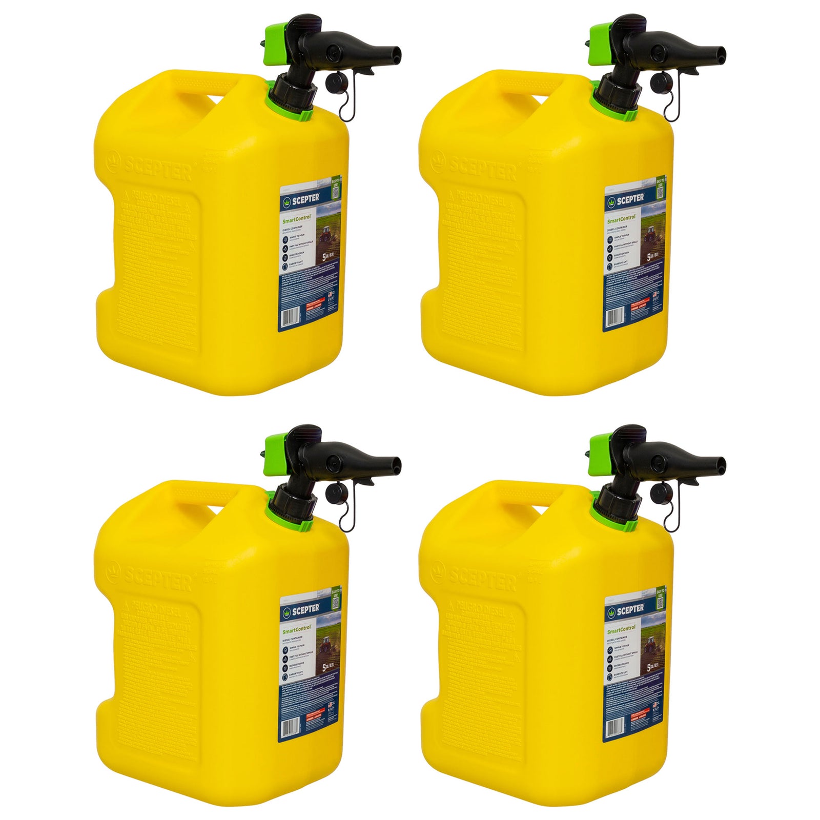 Scepter SmartControl Rear Handle Diesel Gas Jug, 5 Gal/18.9L, 4 Pack, Yellow - VMInnovations