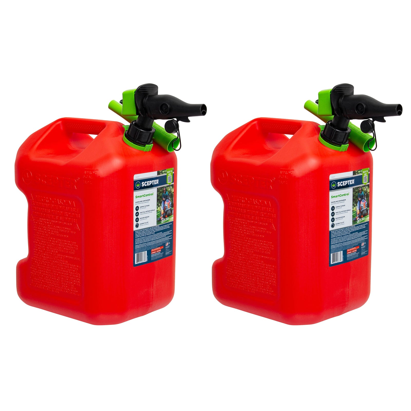 Scepter SmartControl Dual Handle 5 Gal Gasoline Can Jug with Funnel, 2 Pack, Red - VMInnovations
