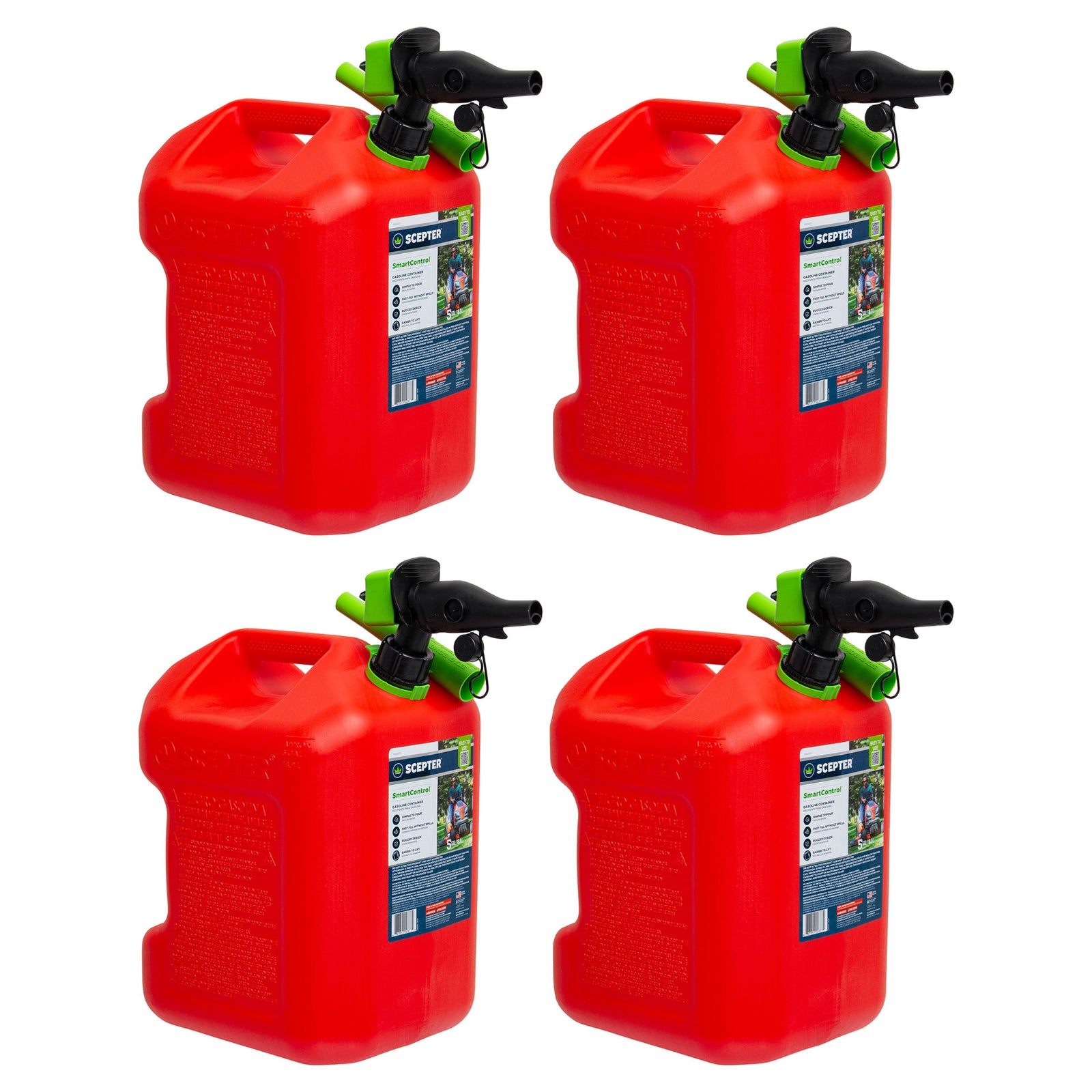 Scepter SmartControl Dual Handle 5 Gal Gasoline Can Jug with Funnel, 4 Pack, Red - VMInnovations