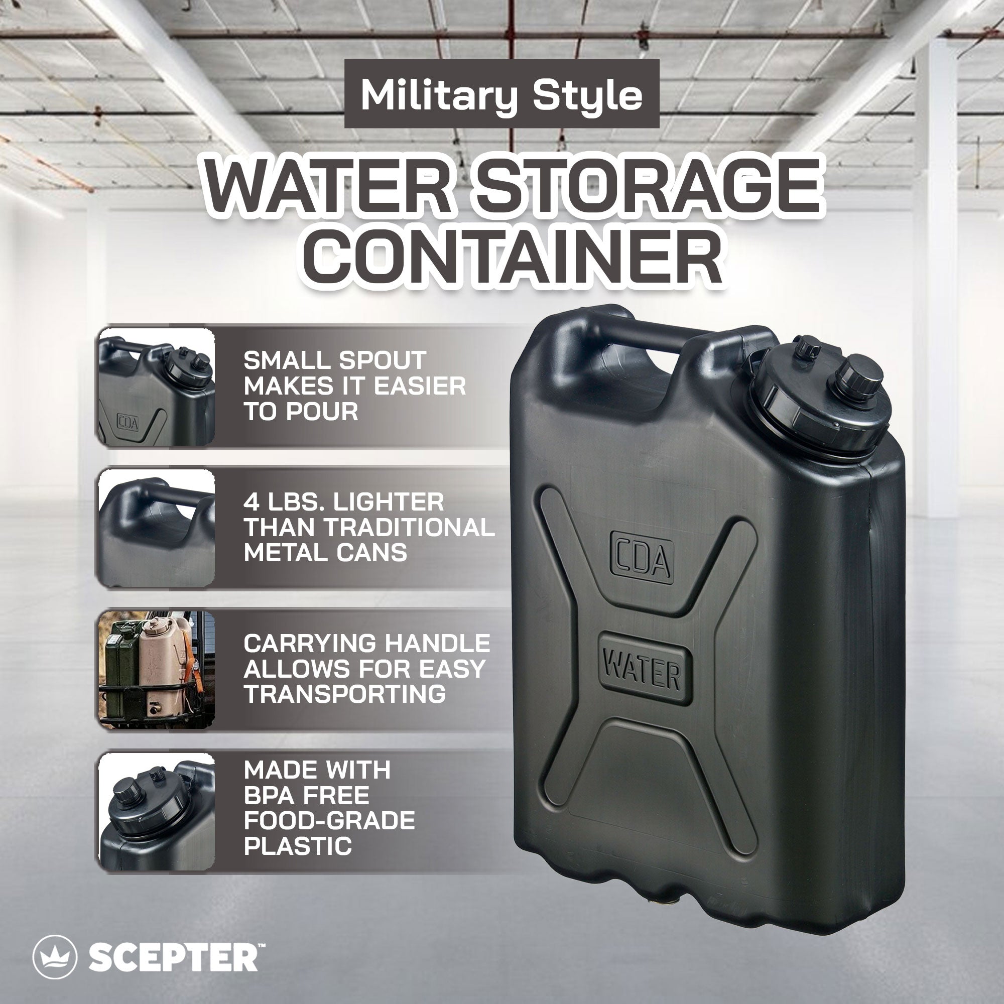 Scepter 5 Gallon Heavy Duty Military Style HDPE Water Container, (4 Pack), Black - VMInnovations