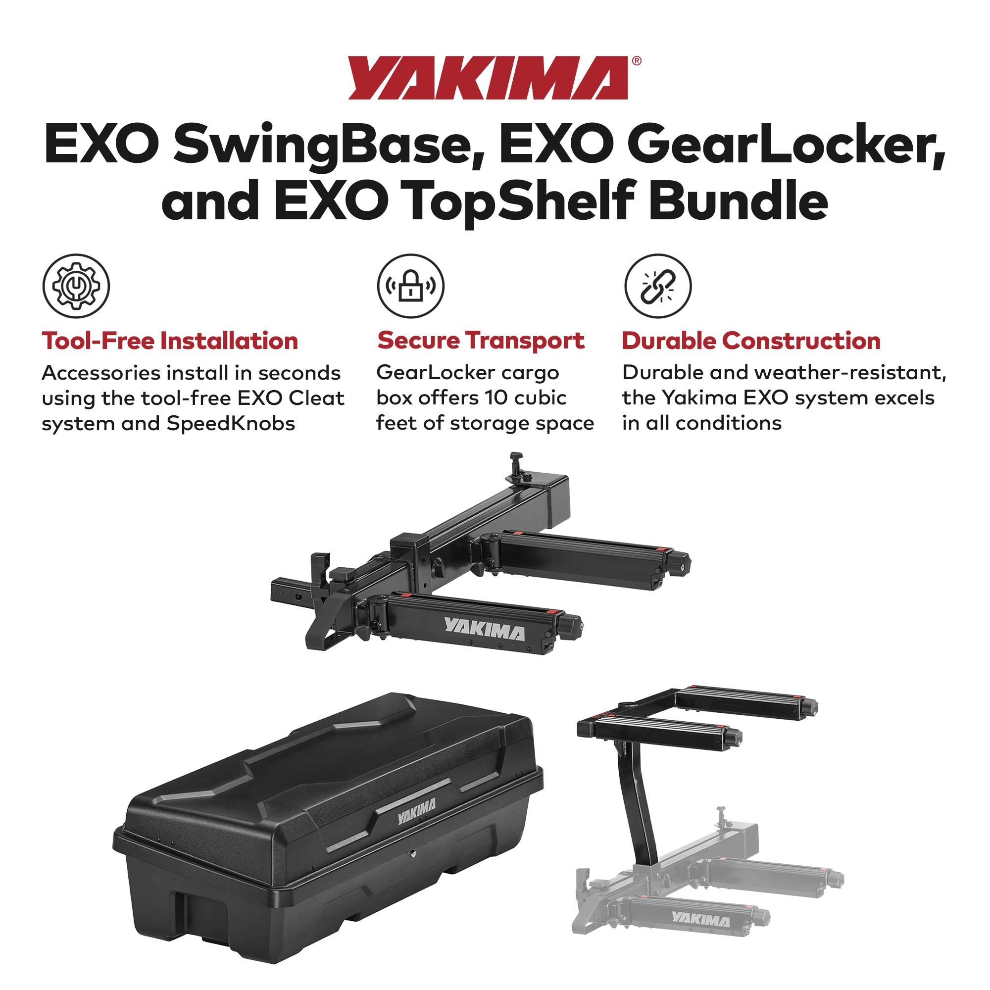 Yakima EXO SwingBase Hitch Base Rack with GearLocker Cargo Box and TopShelf Rack - VMInnovations
