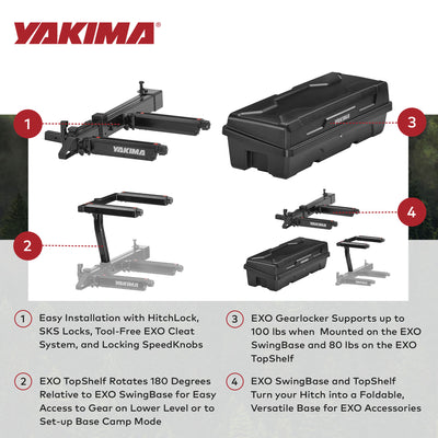 Yakima EXO SwingBase Hitch Base Rack with GearLocker Cargo Box and TopShelf Rack - VMInnovations