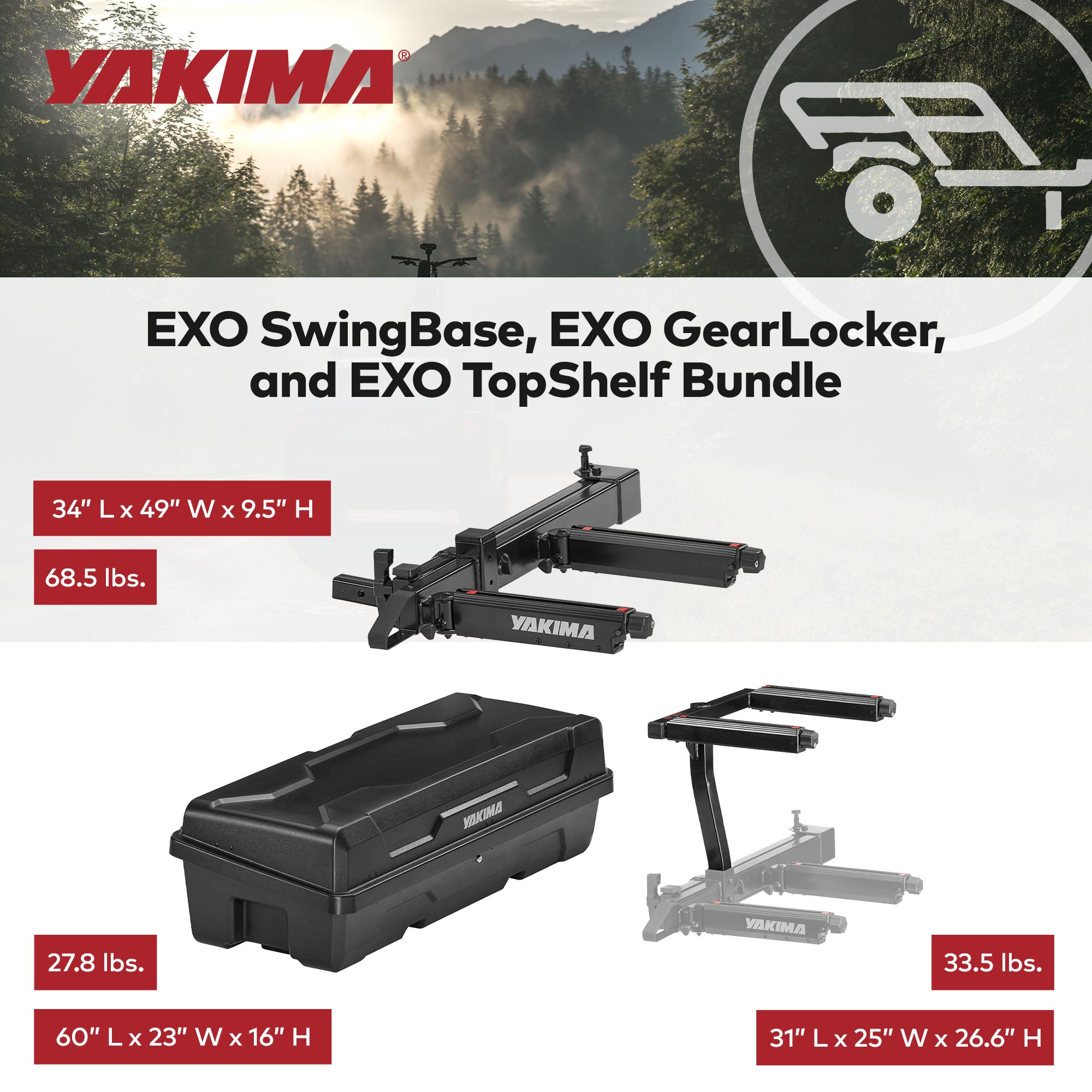 Yakima EXO SwingBase Hitch Base Rack with GearLocker Cargo Box and TopShelf Rack - VMInnovations