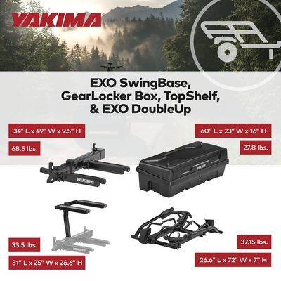 Yakima EXO SwingBase Bike Rack, GearLocker Box, TopShelf Rack, & EXO DoubleUp