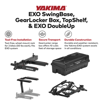 Yakima EXO SwingBase Bike Rack, GearLocker Box, TopShelf Rack, & EXO DoubleUp
