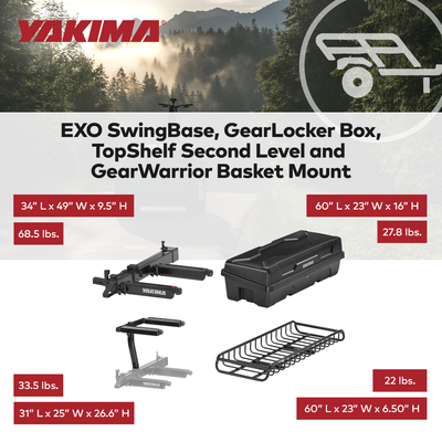 Yakima EXO SwingBase, GearLocker Box, TopShelf Rack and GearWarrior Basket Mount - VMInnovations
