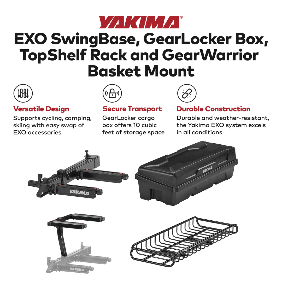 Yakima EXO SwingBase, GearLocker Box, TopShelf Rack and GearWarrior Basket Mount