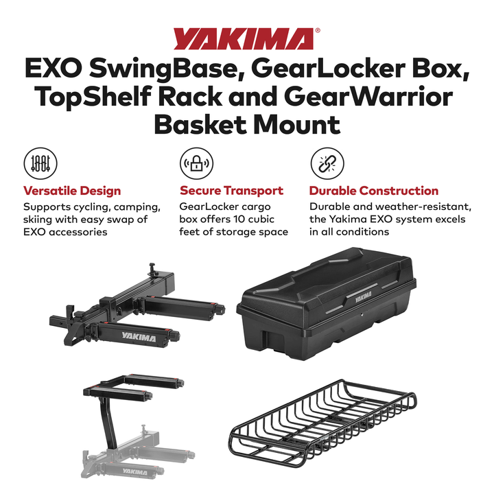 Yakima EXO SwingBase, GearLocker Box, TopShelf Rack and GearWarrior Basket Mount