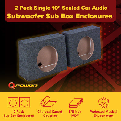 QPower QTW10 Single 10" Sealed Car Audio Subwoofer Sub Box Enclosures (2 Pack)