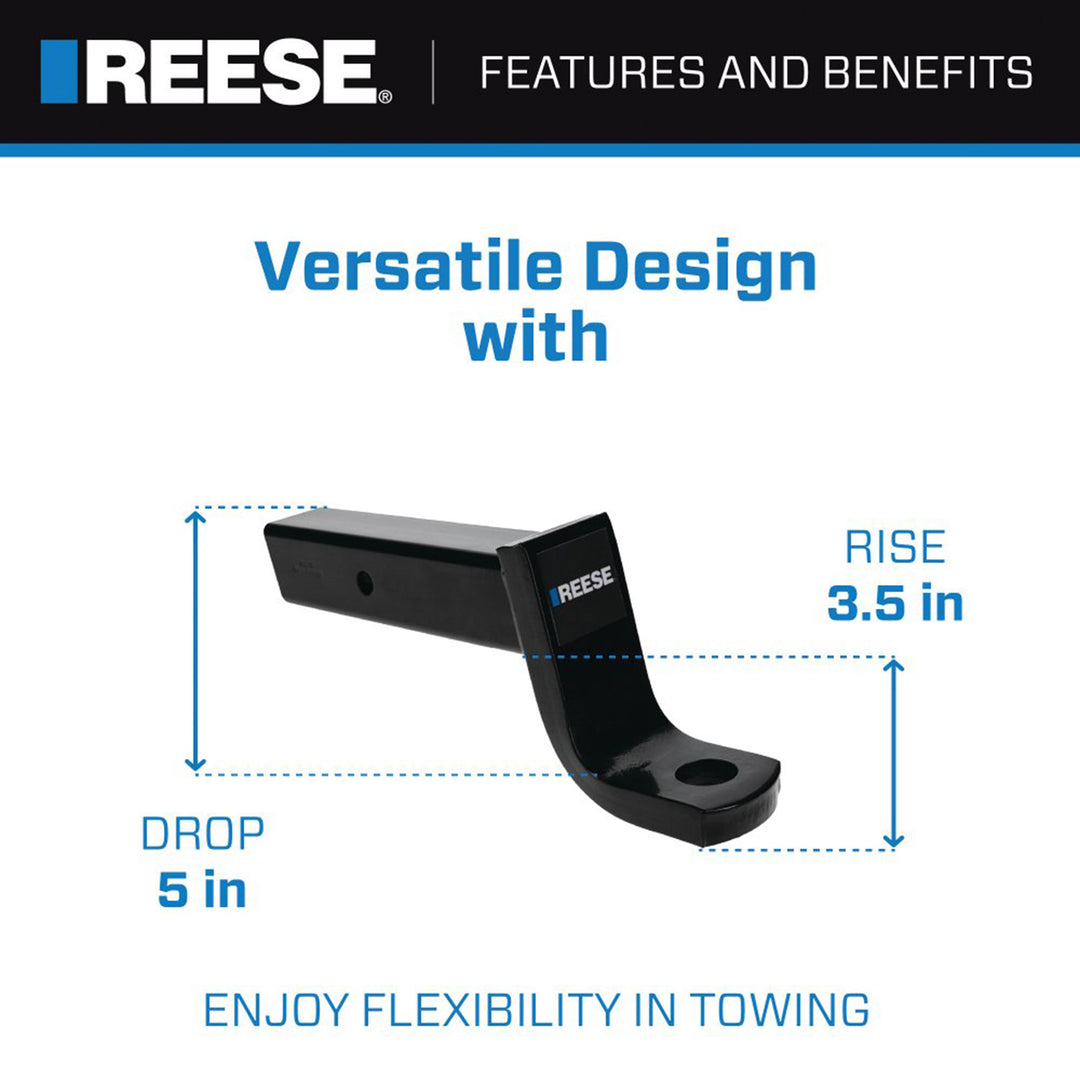 REESE Trailer Hitch Ball Mount, Fits 2.5" Receiver, 5" Drop, 13,000 lbs, Black - VMInnovations