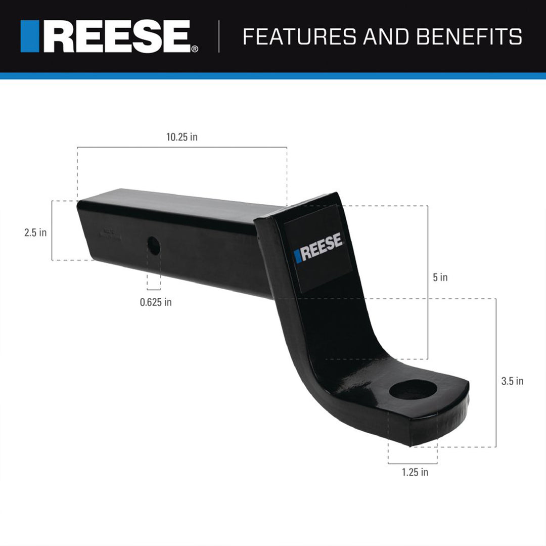 REESE Trailer Hitch Ball Mount, Fits 2.5" Receiver, 5" Drop, 13,000 lbs, Black - VMInnovations