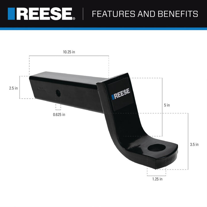 REESE Trailer Hitch Ball Mount, Fits 2.5" Receiver, 5" Drop, 13,000 lbs, Black - VMInnovations