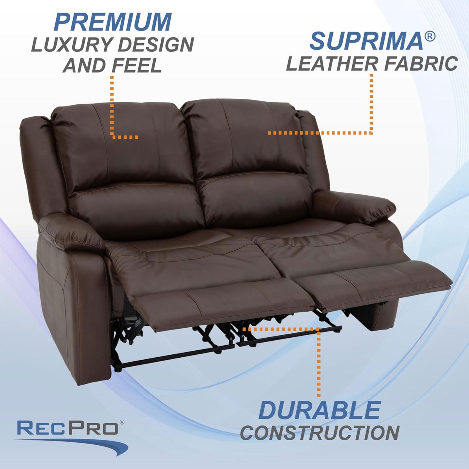 RecPro Charles 58 Inch Recliner Sofa RV Faux Leather Lounge Furniture, Mahogany - VMInnovations
