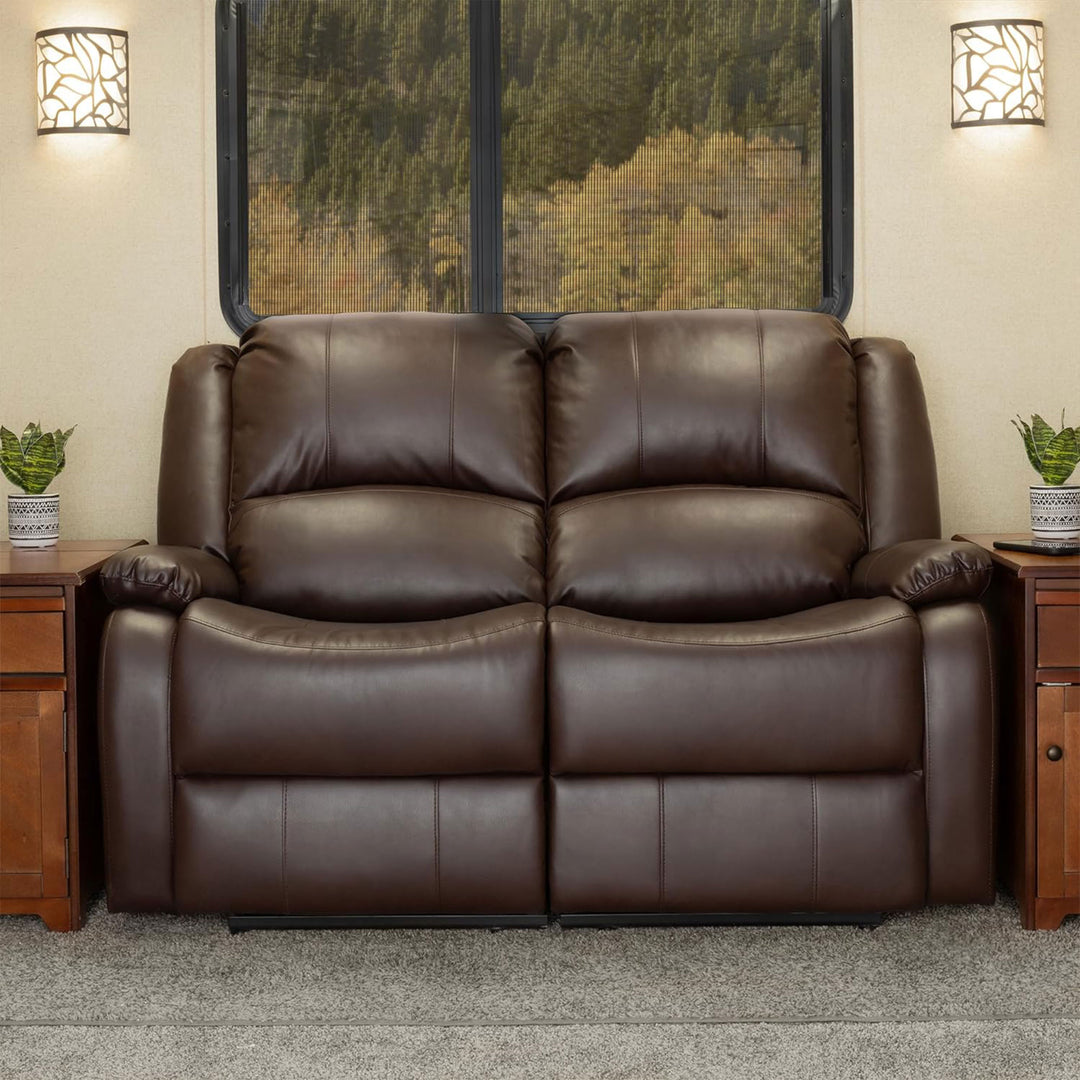 RecPro Charles 58 Inch Recliner Sofa RV Faux Leather Lounge Furniture, Mahogany