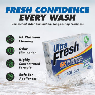 Ultra Fresh Platinum 6X Laundry Detergent Sheets, Fragrance & Dye Free, 3 Pack