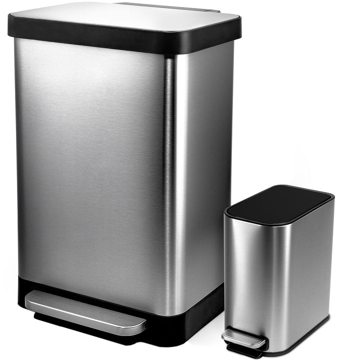 Hefty Stainless Steel Step Trash Cans with Lids, 12.7 Gallon & 1.3 Gallon Bin