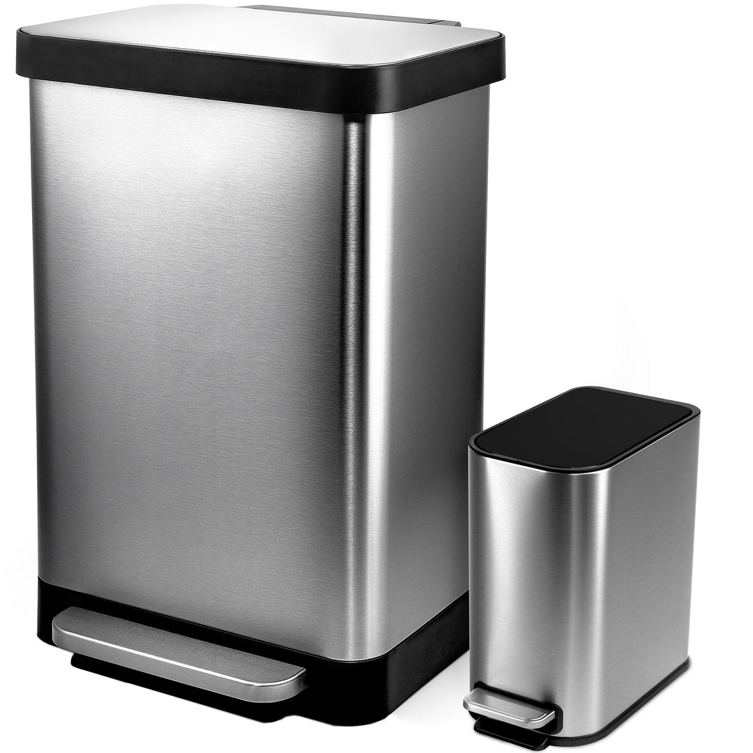 Hefty Stainless Steel Step Trash Cans w/Lids, 12.7 Gal & 1.3 Gal Bin (Open Box)