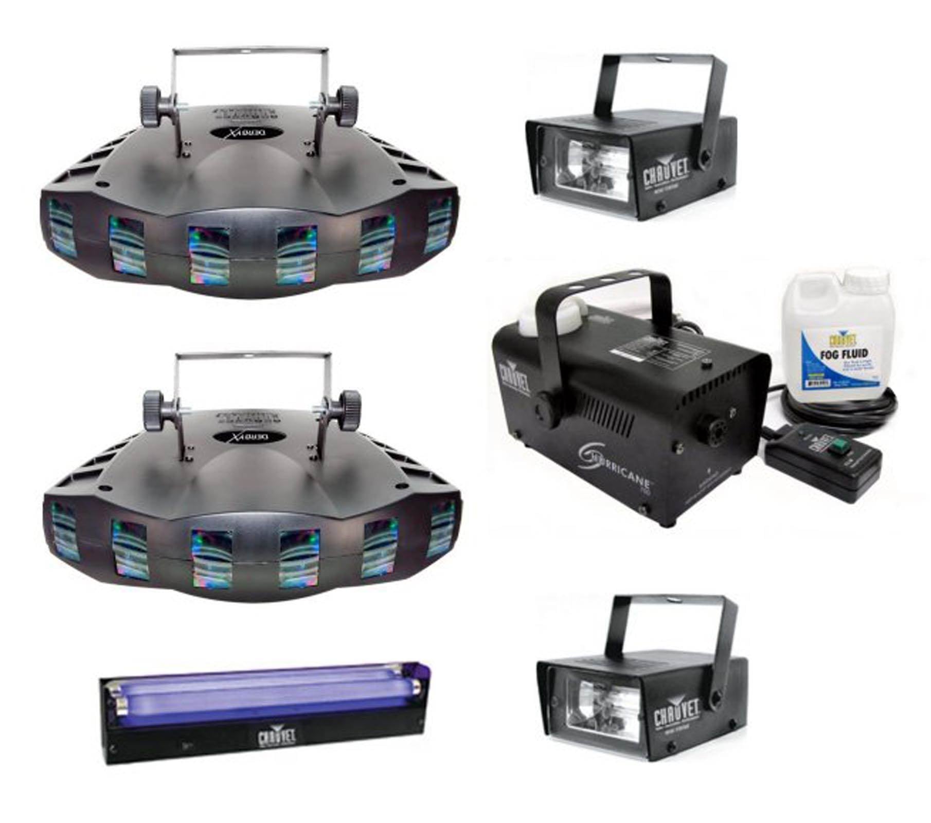 (2) CHAUVET DERBY X RGB DMX Pro DJ Club Strobe Lights + Fog Machine + Blacklight