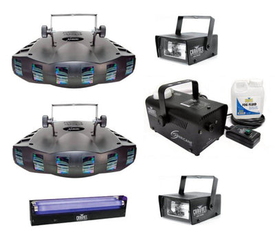 (2) CHAUVET DERBY X RGB DMX Pro DJ Club Strobe Lights + Fog Machine + Blacklight