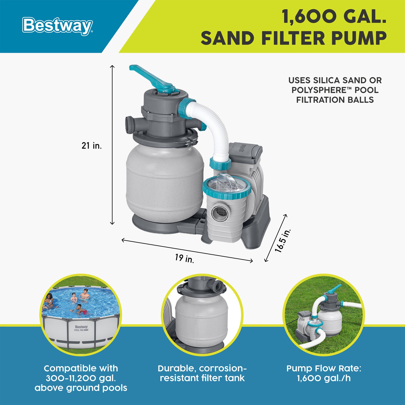 Bestway 1,500 Gallon Sand Filter Pump for Above Ground Outdoor Swimming Pools - VMInnovations