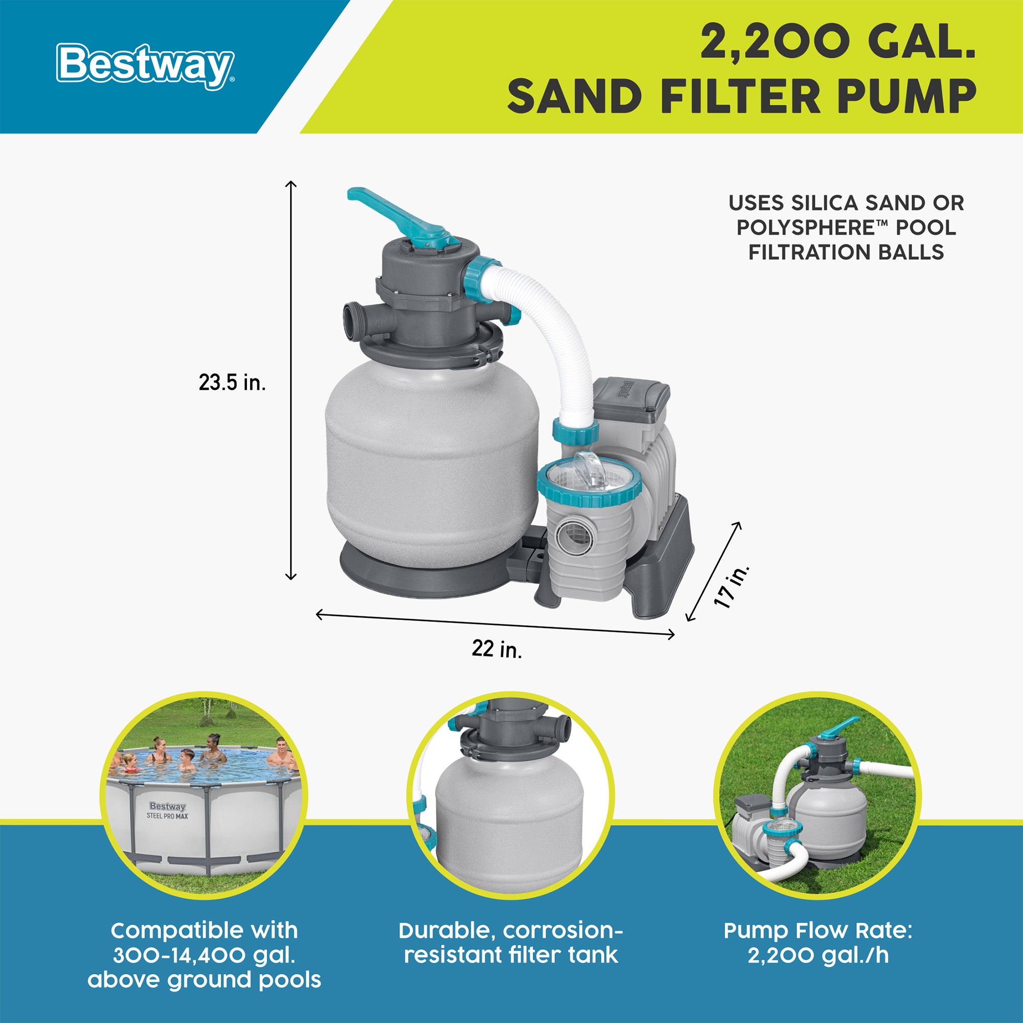 Bestway 2,200 Gallon Sand Filter Pump for Above Ground Outdoor Swimming Pools - VMInnovations