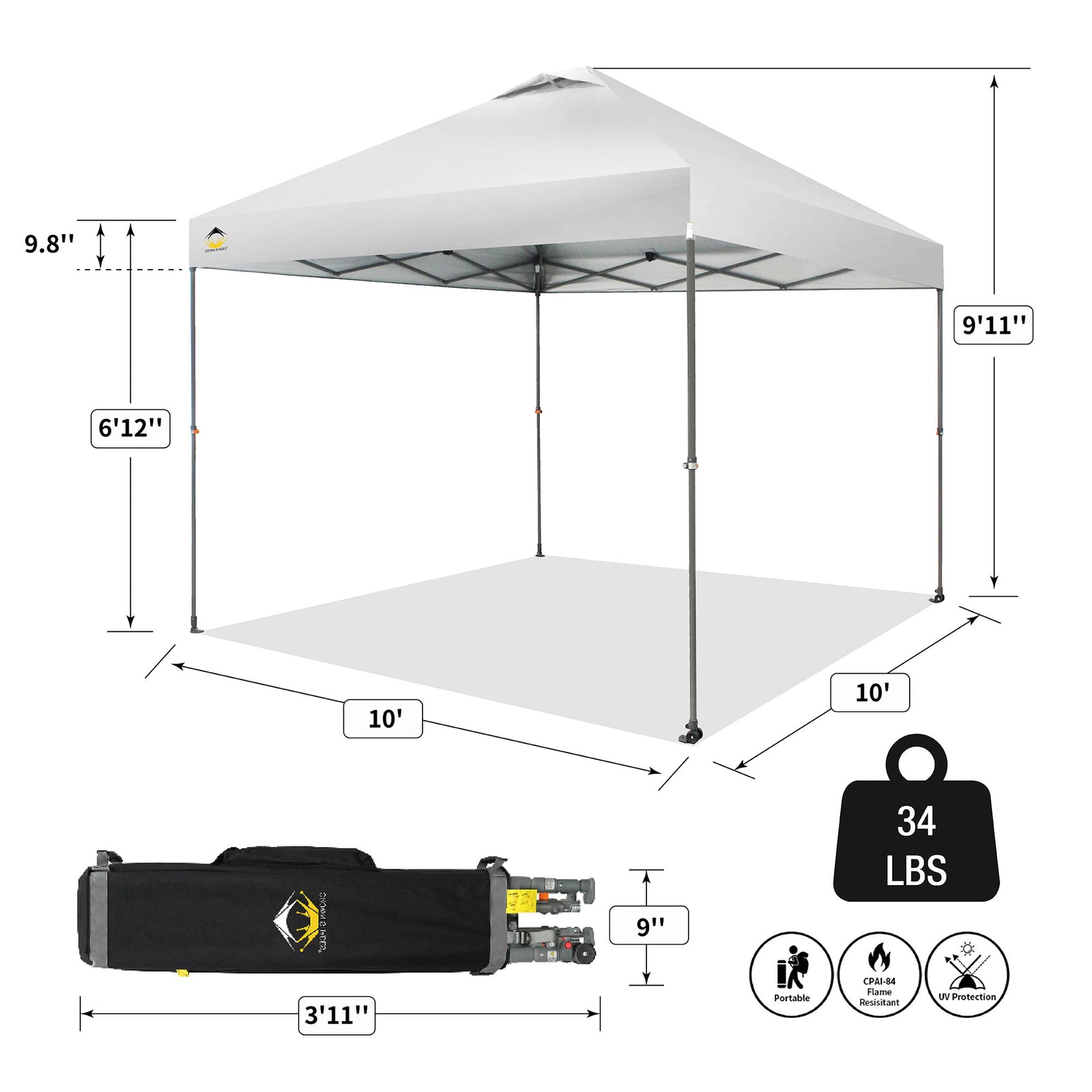 Crown Shades 10’ x 10’ Portable Canopy Tent with Extendable Legs, White (Used) - VMInnovations