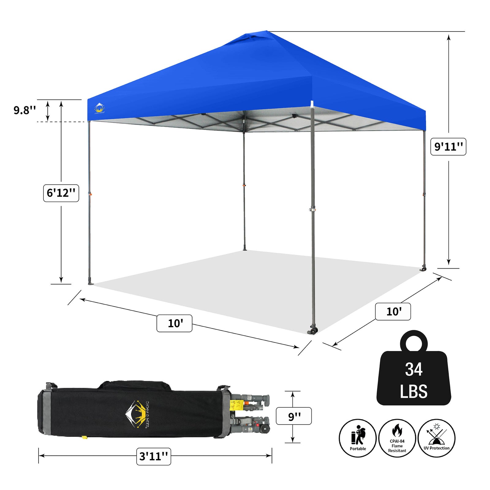 Crown Shades 10’x10’ Portable Instant Canopy Tent w/Extendable Legs, Blue (Used) - VMInnovations