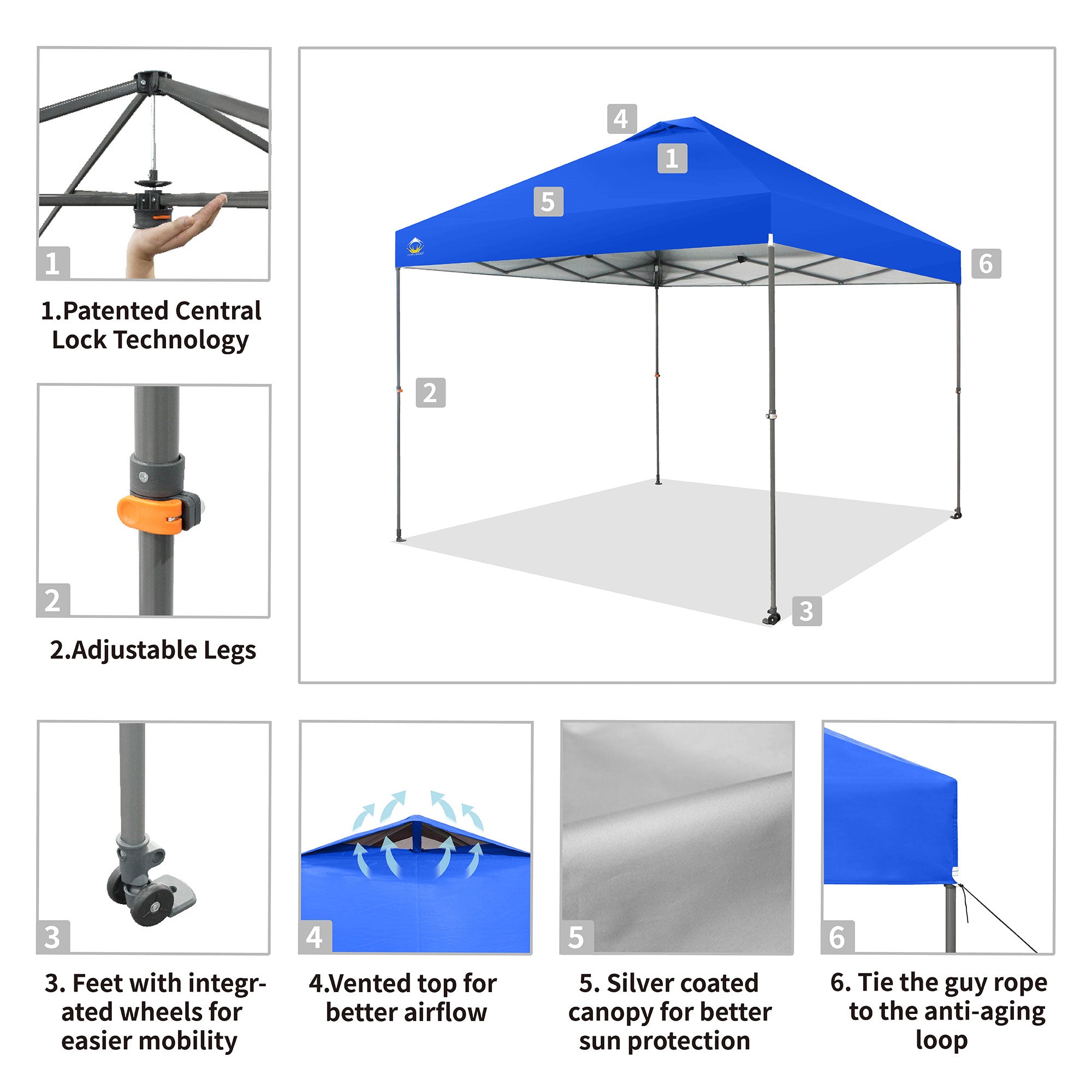 Crown Shades 10’x10’ Portable Instant Canopy Tent w/Extendable Legs, Blue (Used) - VMInnovations