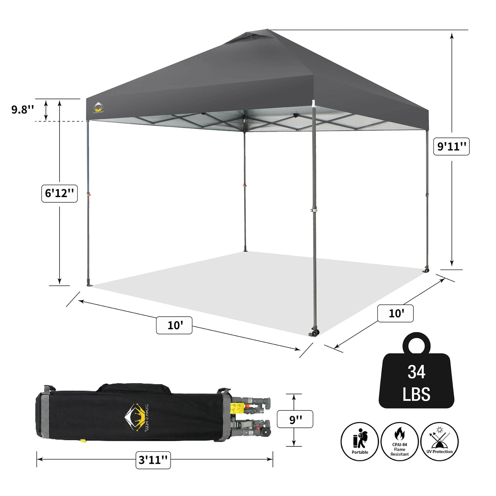 Crown Shades 10’x10’ Portable Instant Canopy Tent w/Extendable Legs, Grey (Used) - VMInnovations
