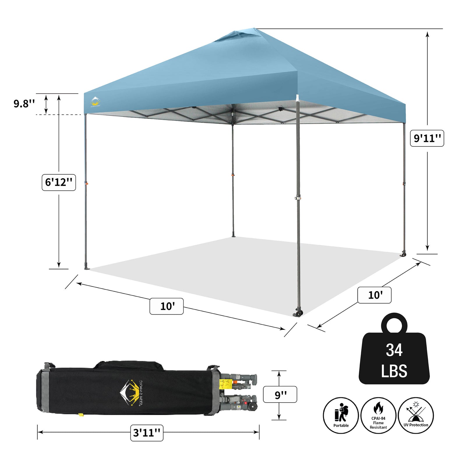 Crown Shades 10’ x 10’ Portable Instant Canopy Tent w/Extendable Legs,Cyan(Used) - VMInnovations