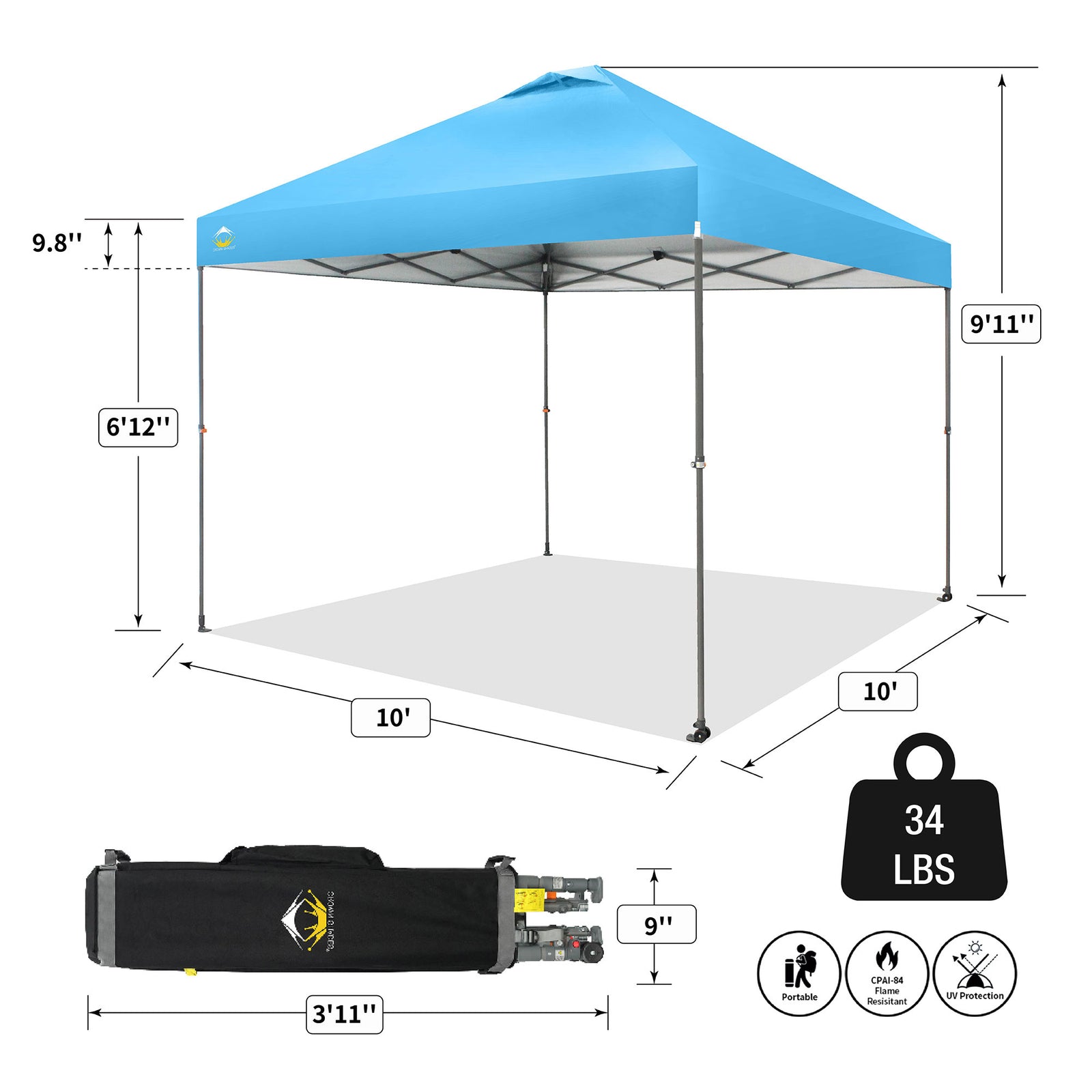 Crown Shades 10’ x 10’ Portable Instant Canopy Tent w/Extendable Legs, Sky(Used) - VMInnovations