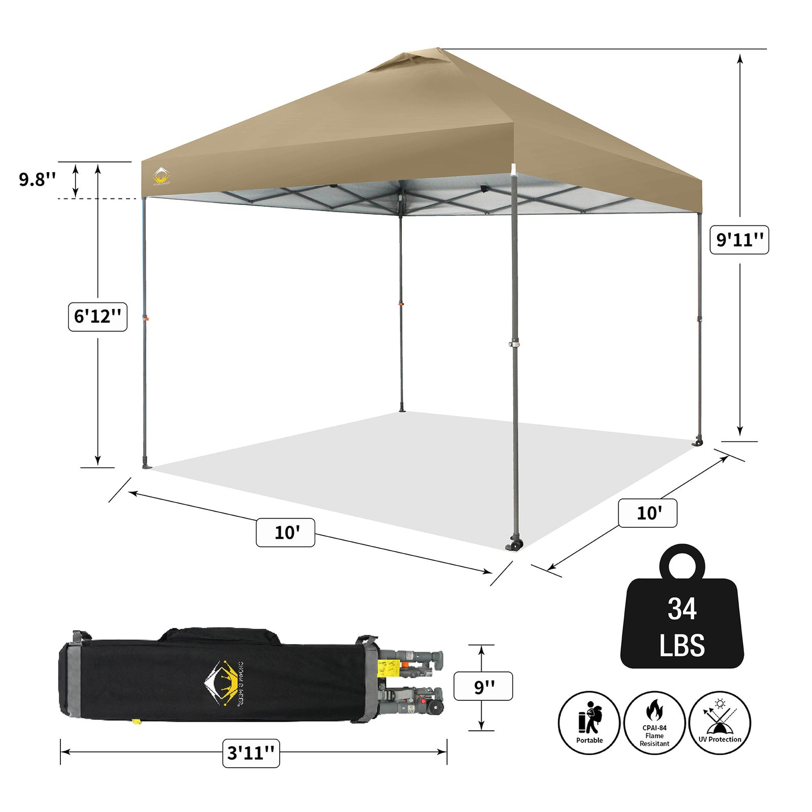 Crown Shades 10’x10’ Portable Instant Canopy Tent w/Extendable Legs, Khaki(Used) - VMInnovations